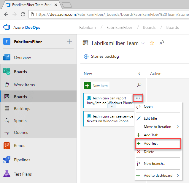 Adding a test in Azure DevOps