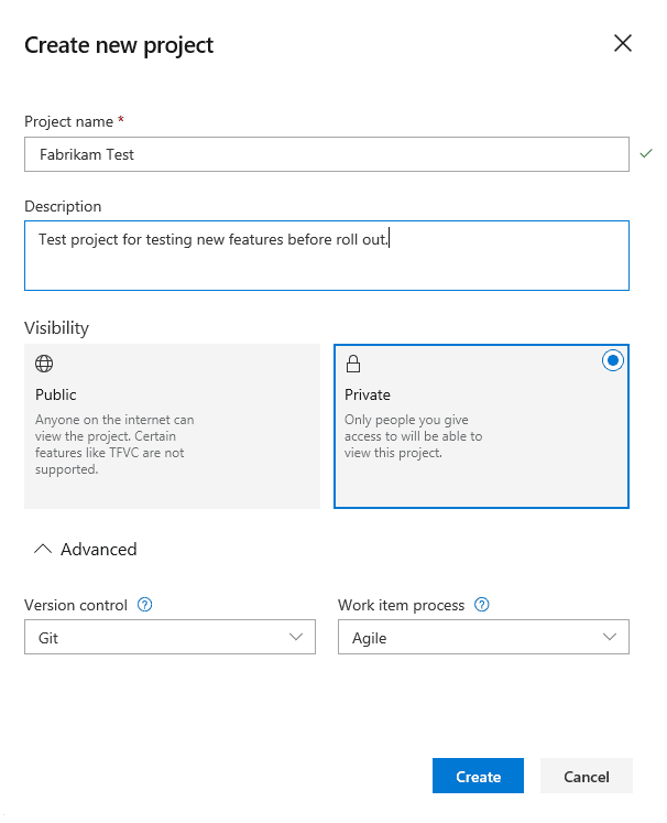 Azure DevOps Create New Project dialog