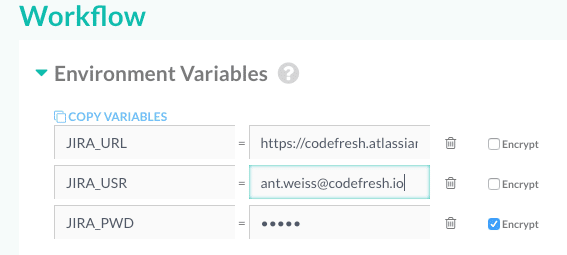jira conection details in Codefresh pipeline variables