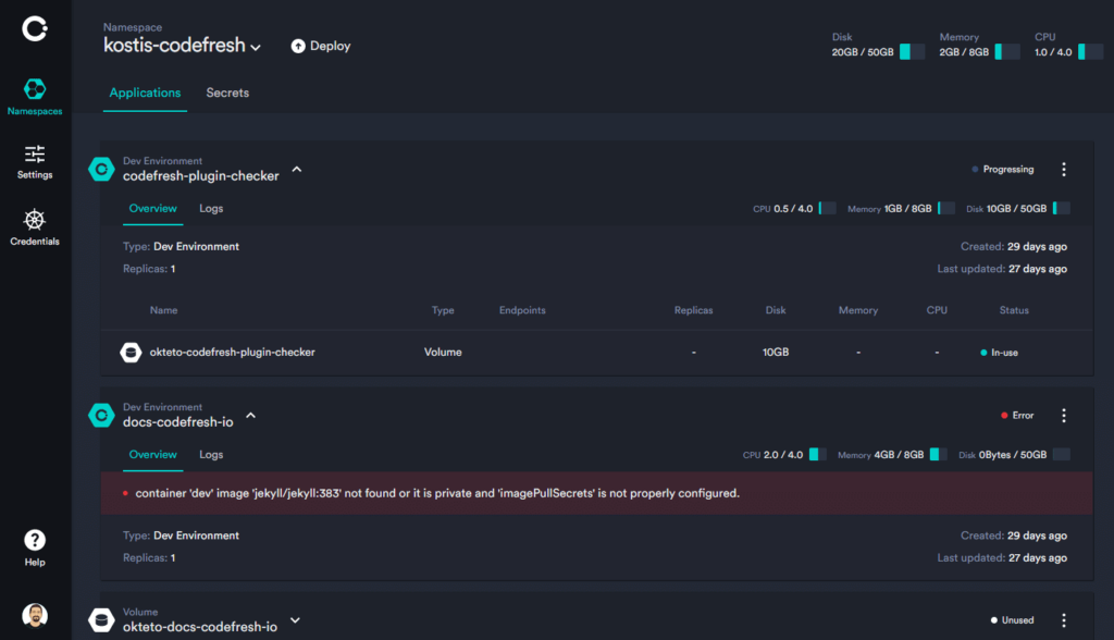 Okteto Cloud dashboard