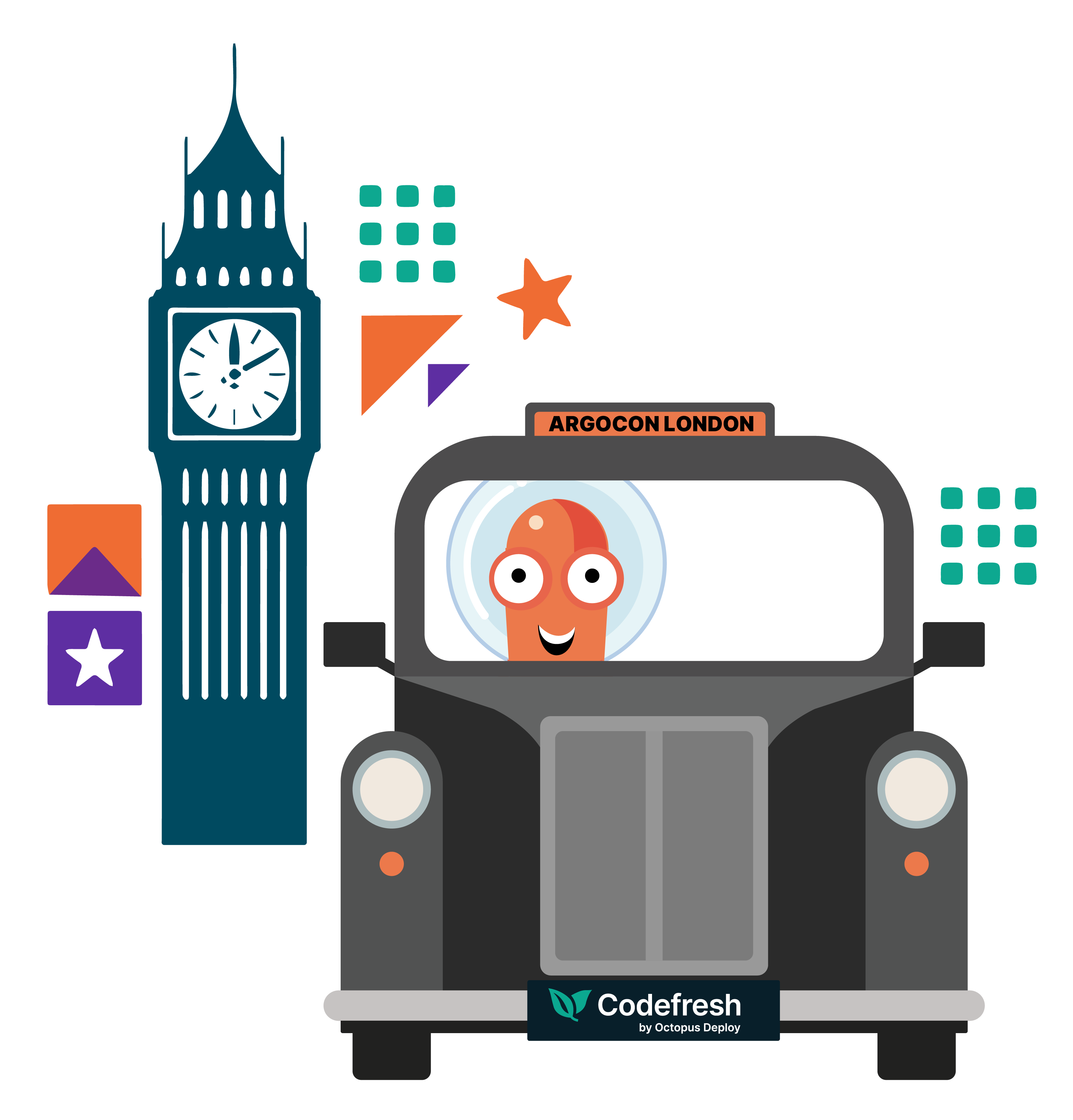 Argo logo in a black London taxi with Big Ben in the background.